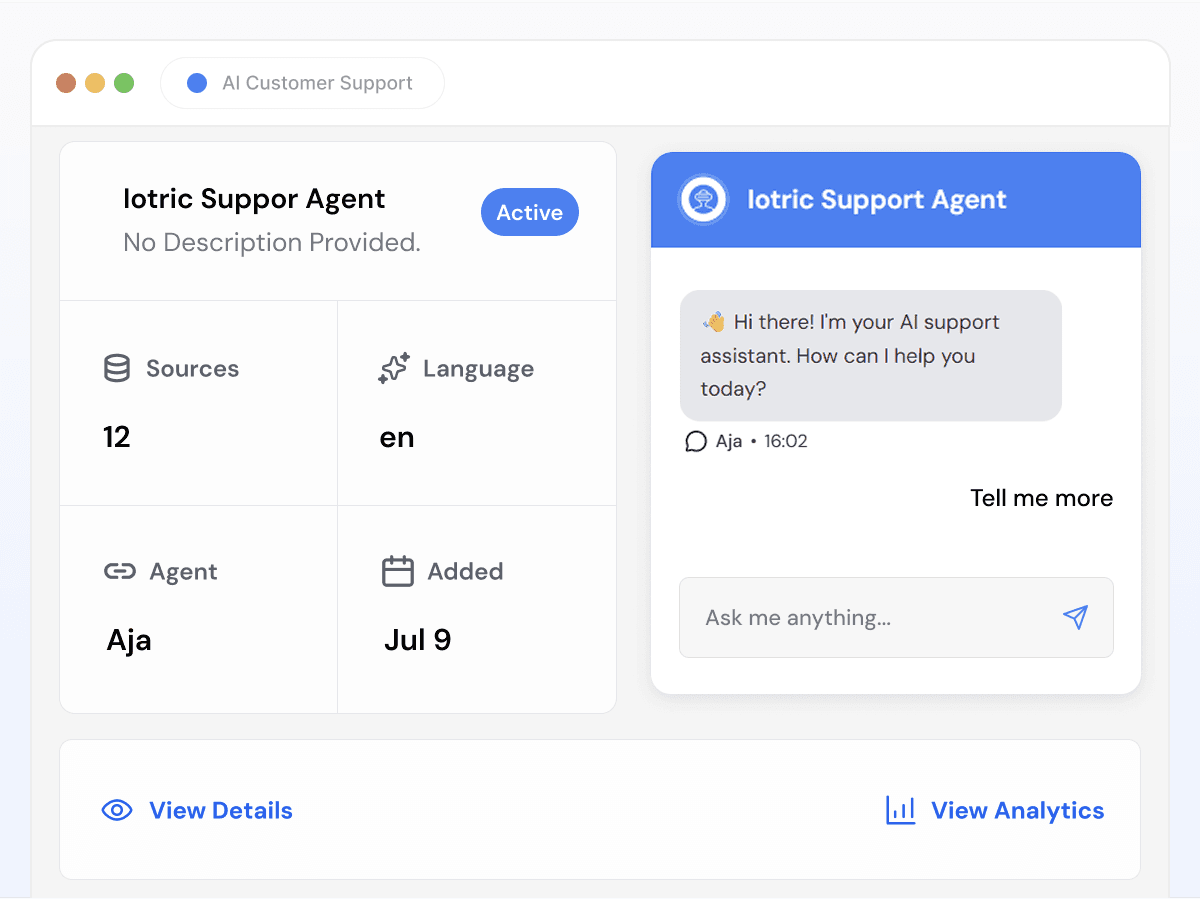 Botric AI support agent configuration showing an active agent trained on 12 sources alongside a live chat widget greeting a visitor