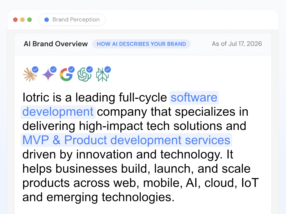 Botric Brand Perception view headed How AI Describes Your Brand, showing the word-for-word description AI returns across Claude, Gemini, Google, ChatGPT, and Perplexity with key phrases highlighted