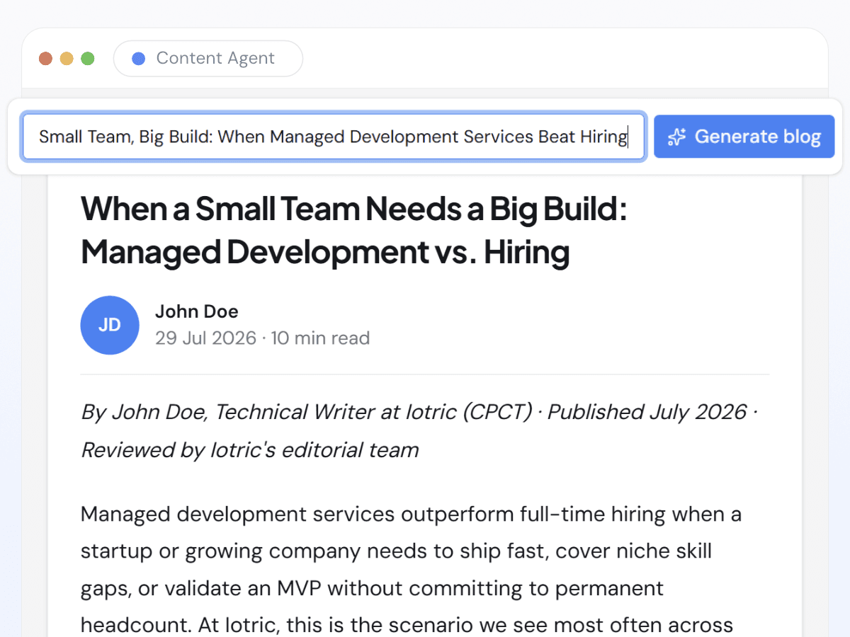 Botric Content Agent generating a publish-ready article from a title prompt, showing the drafted headline, byline, and opening answer paragraph