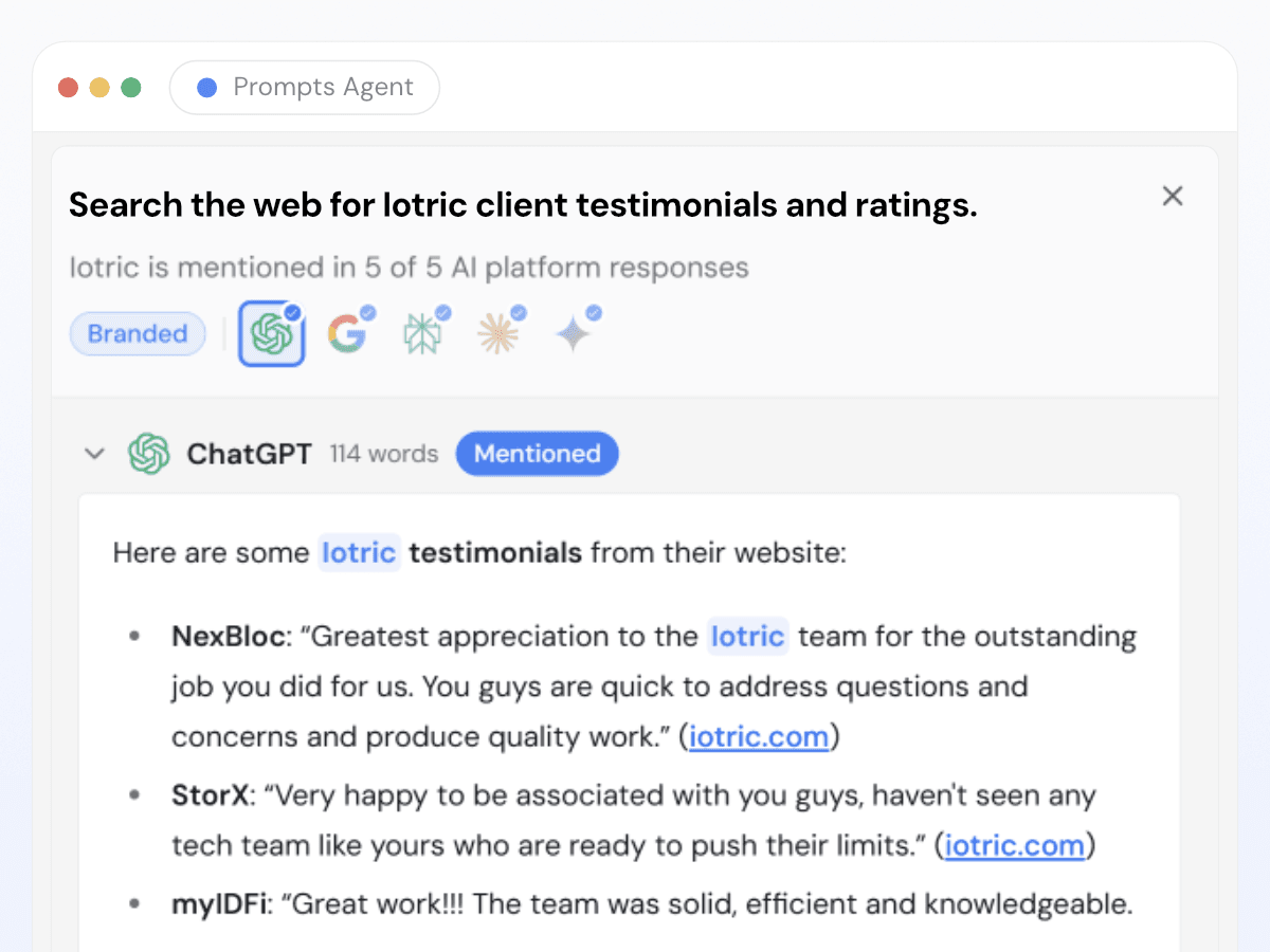 Botric Prompts Agent showing a tracked buyer prompt that returned brand mentions in 5 of 5 AI platform responses, with the ChatGPT answer expanded and each brand mention highlighted