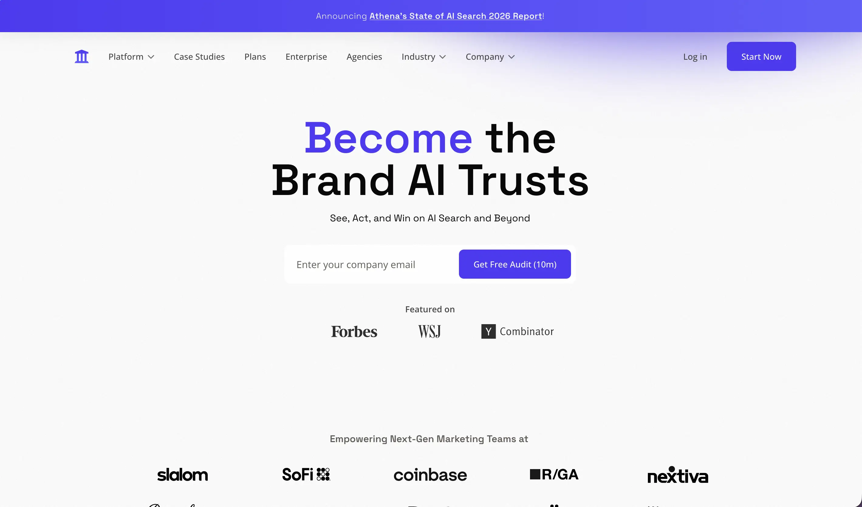 AthenaHQ homepage offering a free AI search audit, with customer logos from Slalom, SoFi, Coinbase, and Nextiva