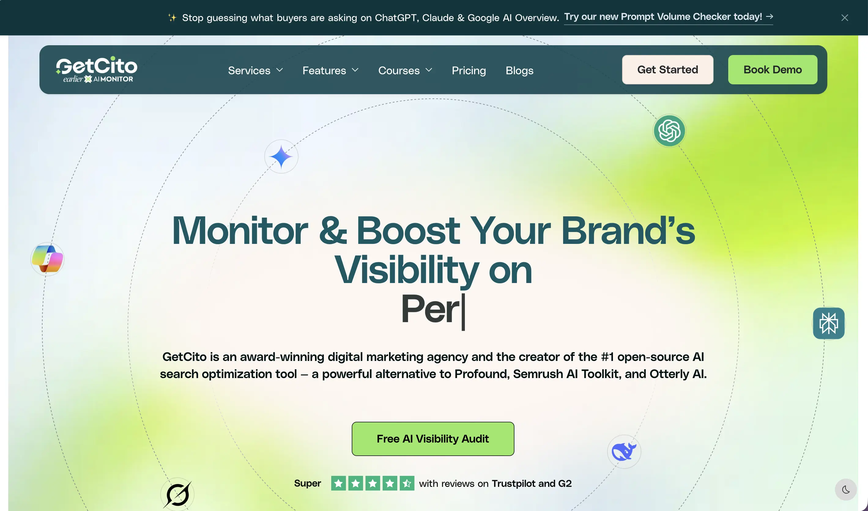 GetCito homepage describing its open-source AI search optimization tool and free AI visibility audit