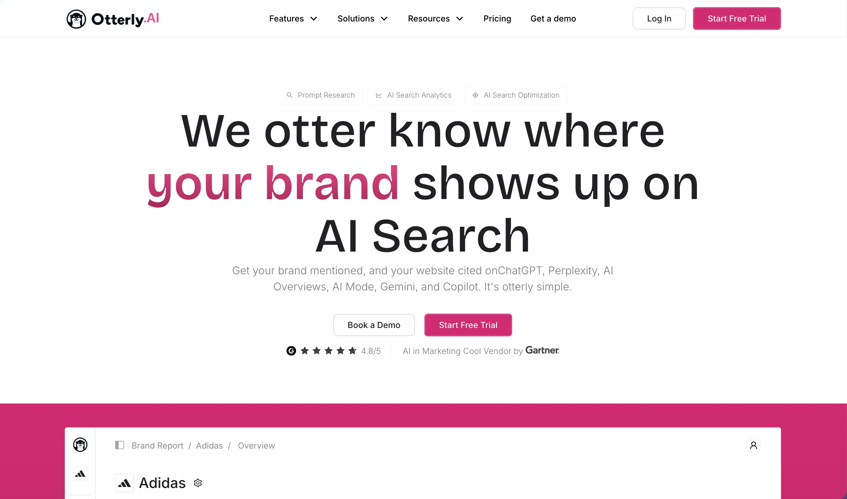 Otterly AI homepage showing brand tracking across ChatGPT, Perplexity, AI Overviews, AI Mode, Gemini, and Copilot, with a brand report below