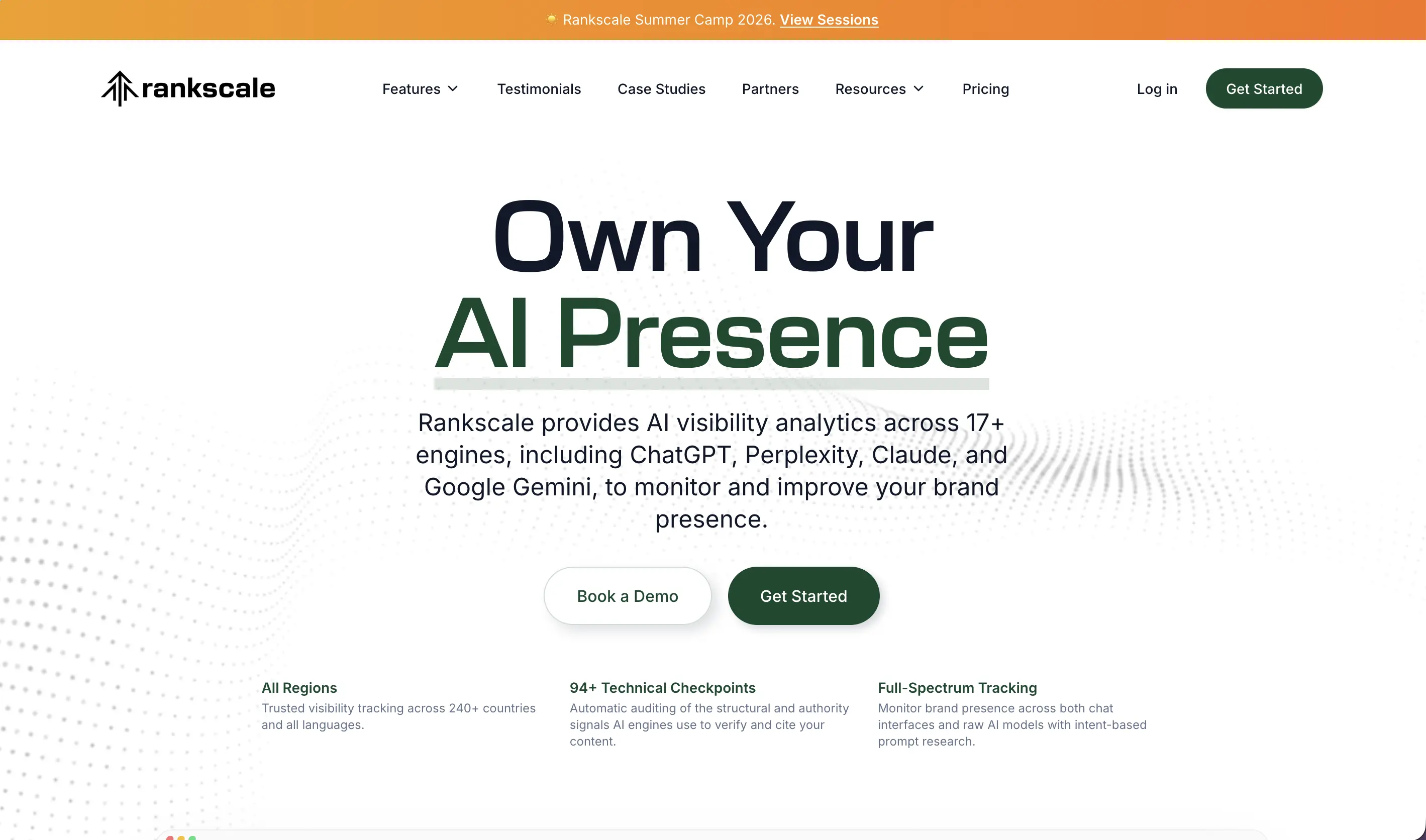 Rankscale homepage showing AI visibility analytics across 17+ engines, 240+ countries, and full-spectrum brand tracking