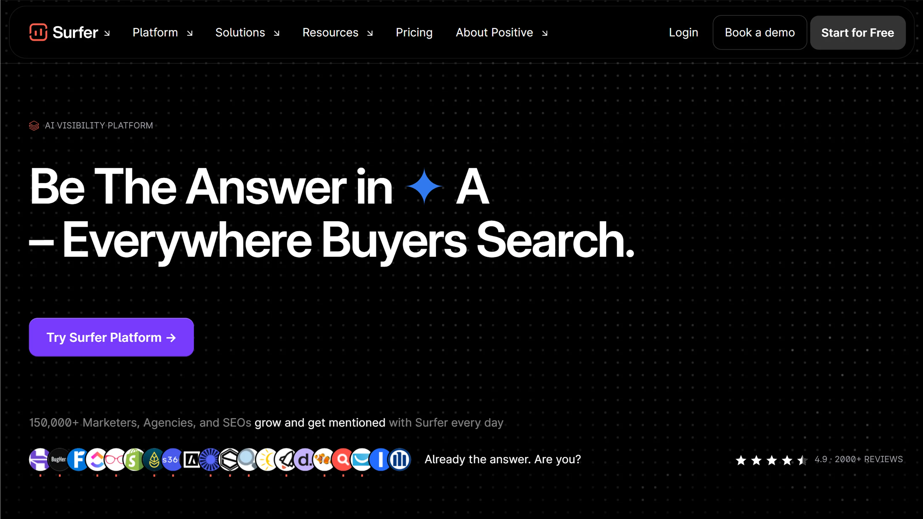 Surfer homepage positioning the platform as an AI visibility tool for being the answer everywhere buyers search