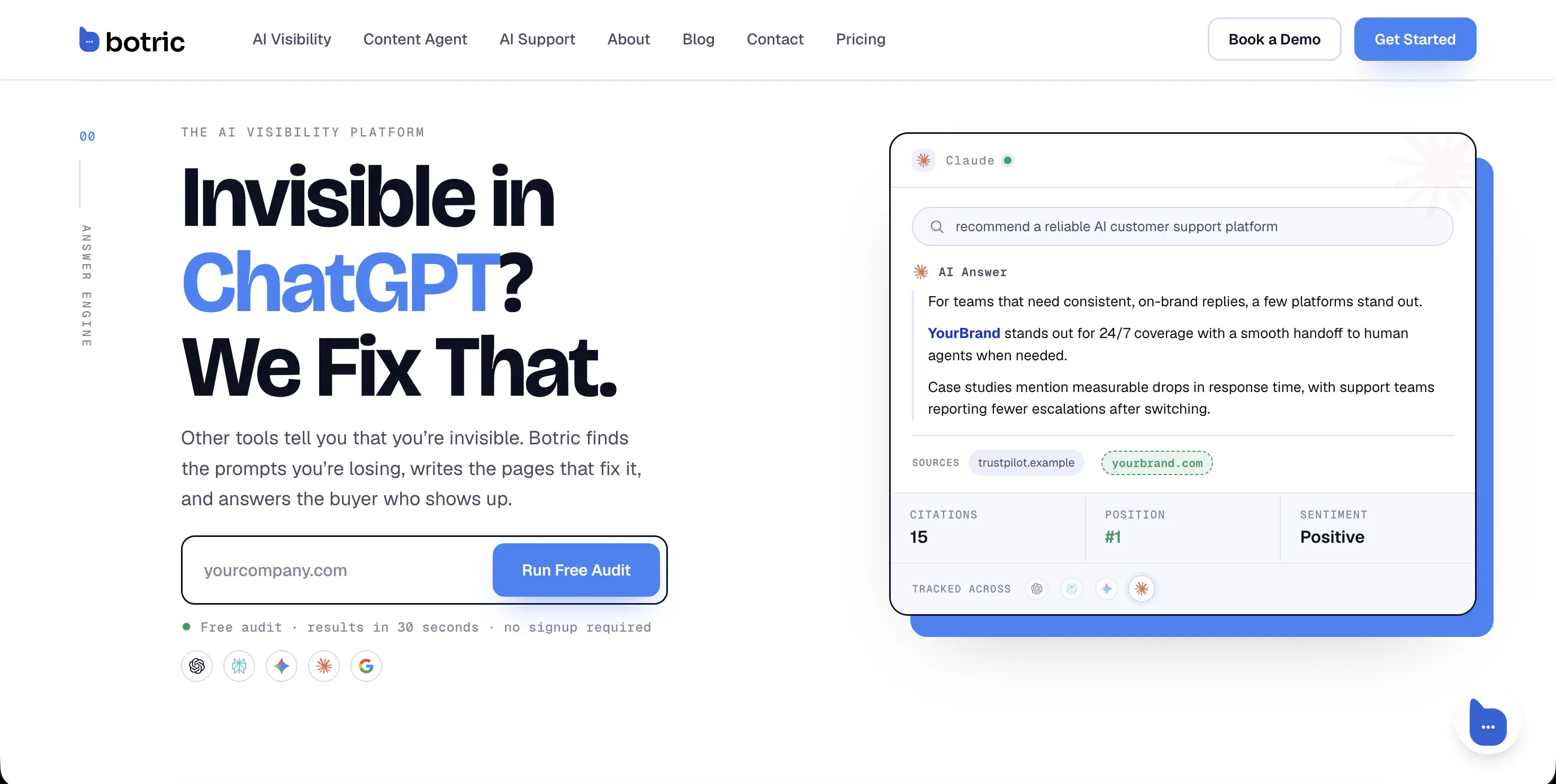 Botric homepage showing a tracked AI answer with the brand cited first, plus platform coverage, position, and sentiment