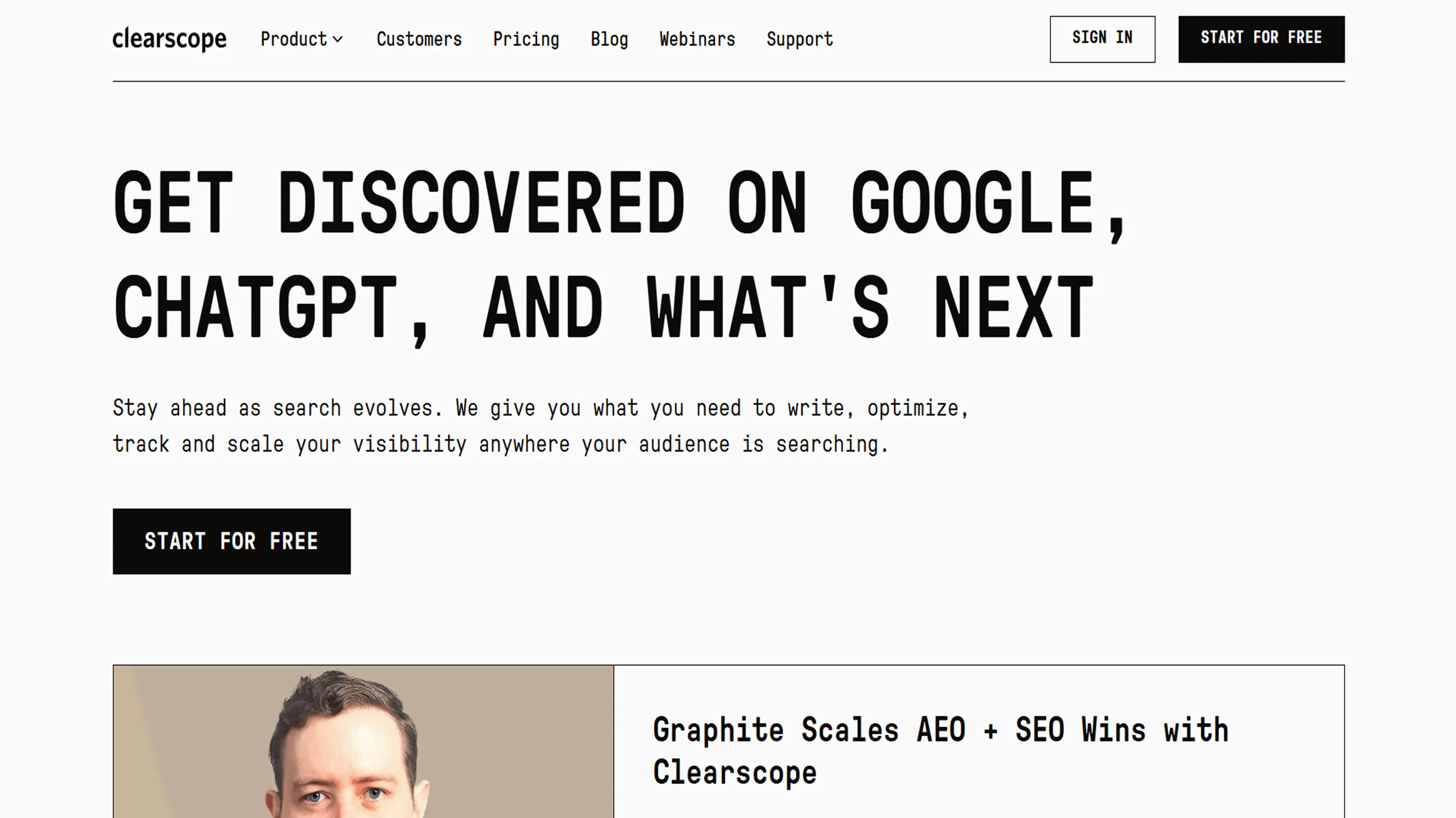 Clearscope homepage focused on getting content discovered on Google, ChatGPT, and emerging search surfaces