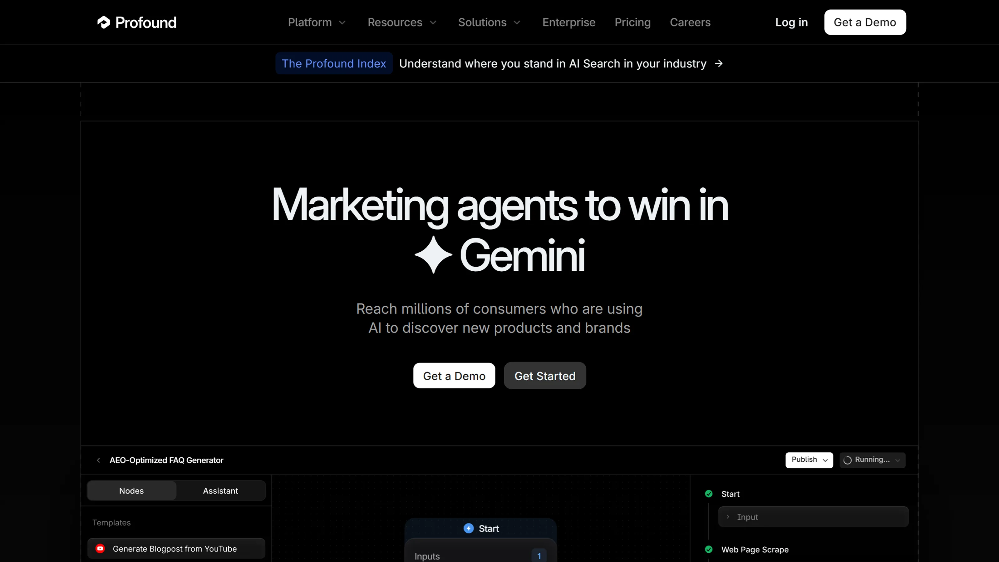 Profound homepage showing marketing agents for AI search alongside an AEO-optimized FAQ generator workflow