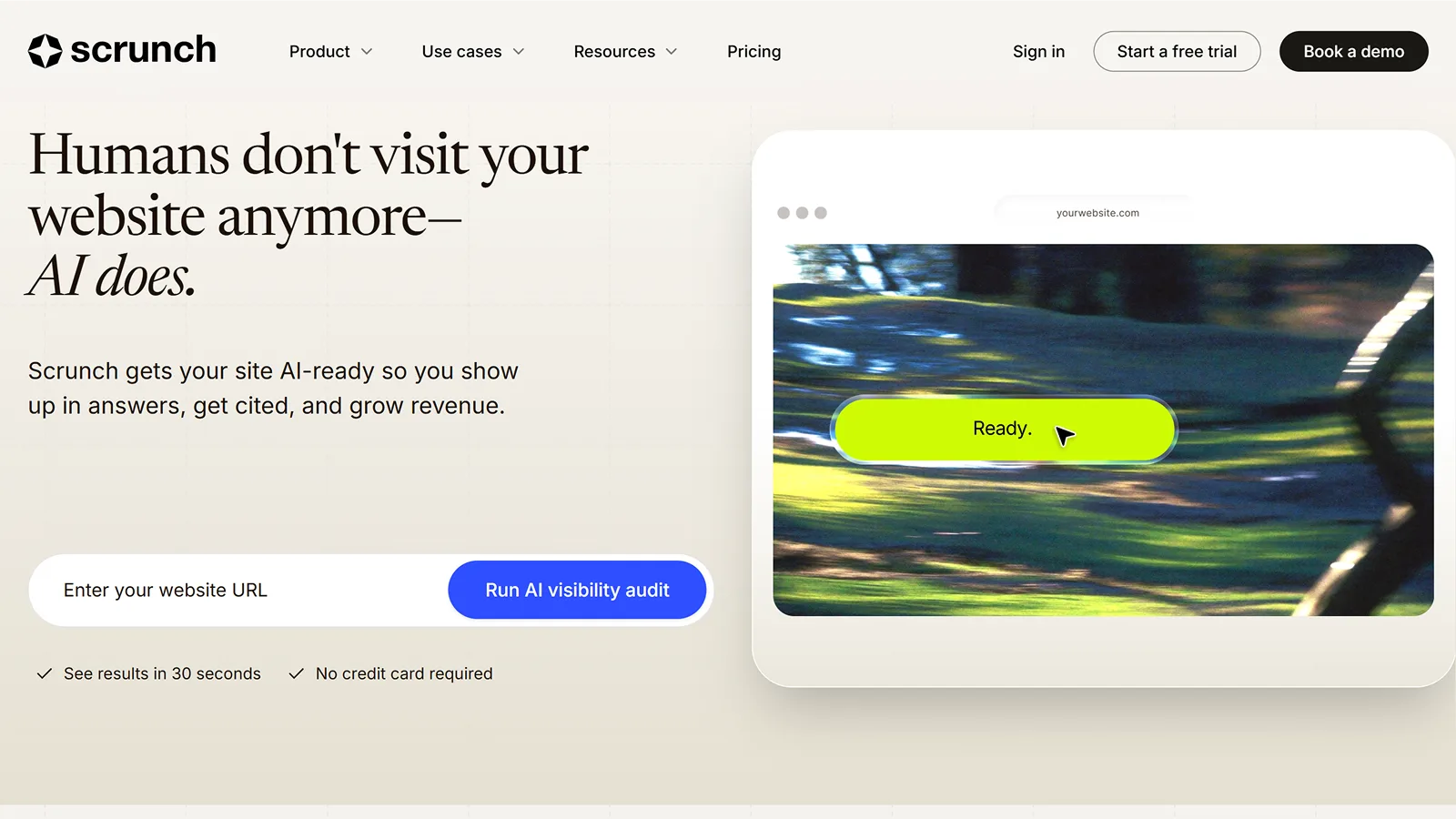 Scrunch homepage offering an AI visibility audit built around AI agents rather than human visitors browsing a site
