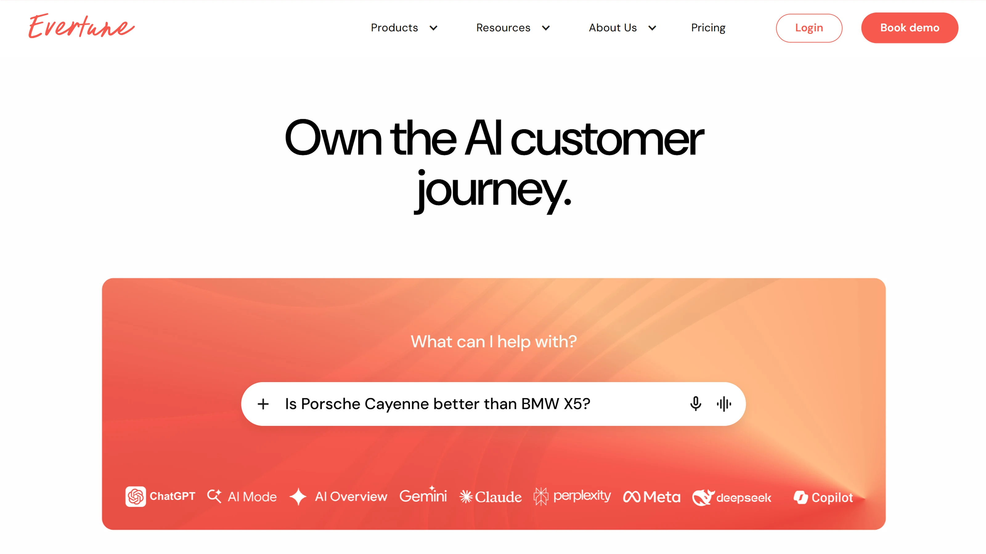 Evertune homepage showing enterprise AI brand monitoring platform
