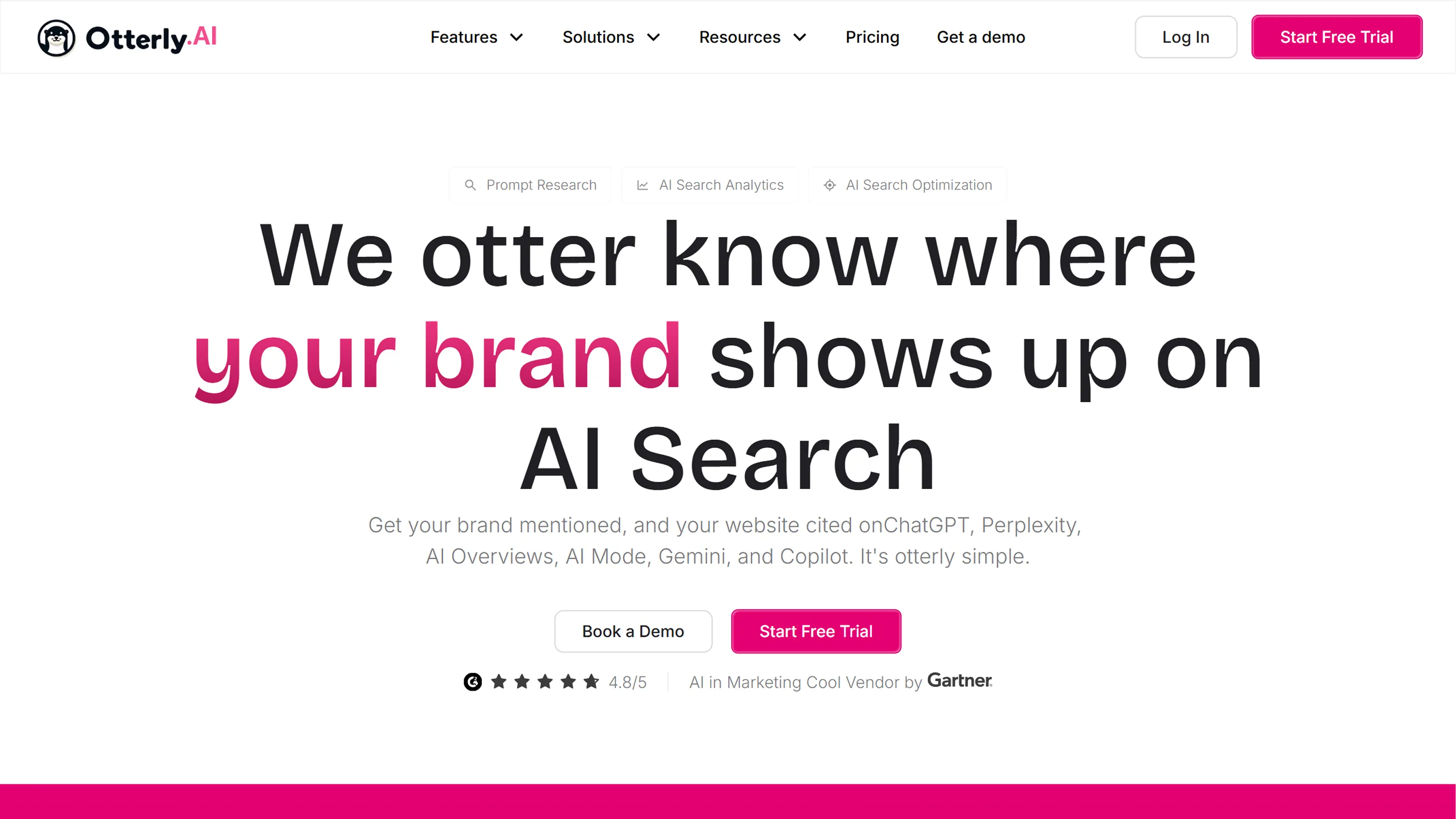 Otterly.AI homepage showing brand mention and citation tracking across ChatGPT, Perplexity, AI Overviews, Gemini, and Copilot