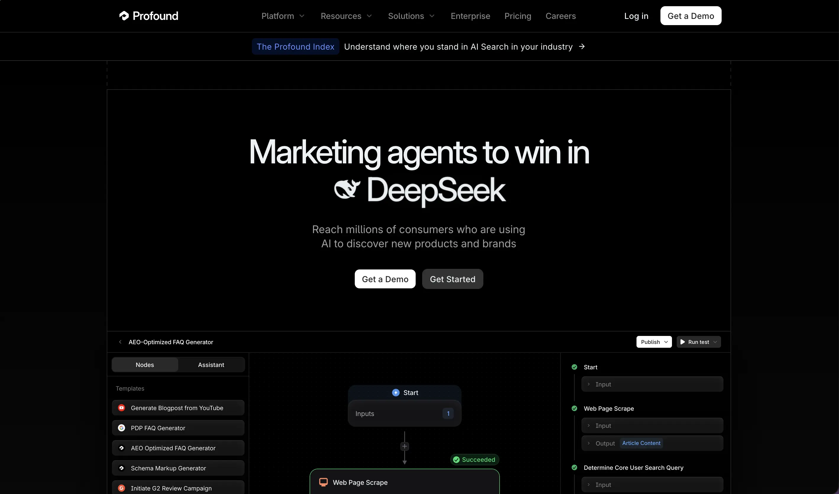 Profound homepage showing its marketing agents and an AEO-optimized FAQ generator workflow