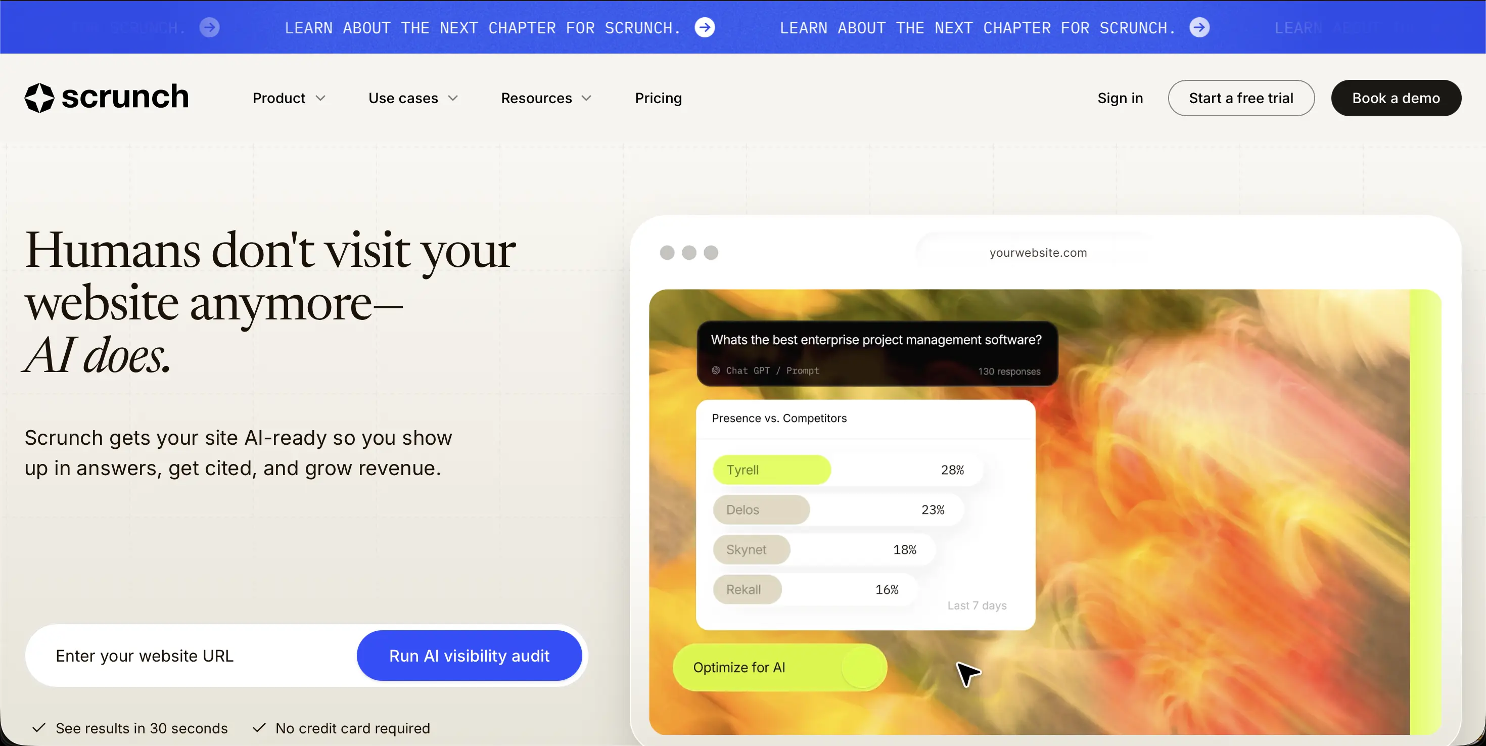 Scrunch AI homepage showing an AI visibility audit and a presence-versus-competitors breakdown for a ChatGPT prompt