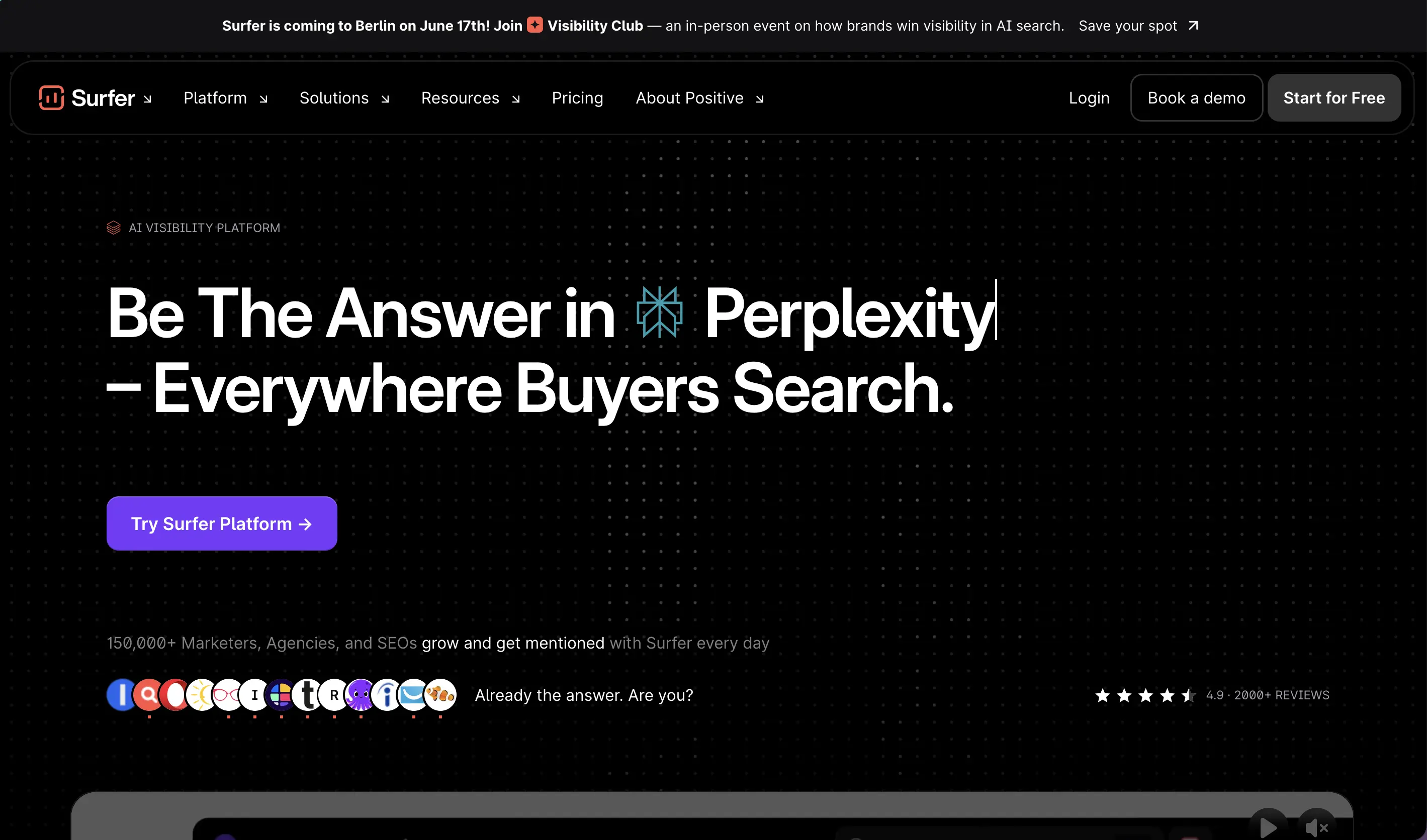 Surfer homepage positioning its AI visibility platform for Perplexity and other AI search engines